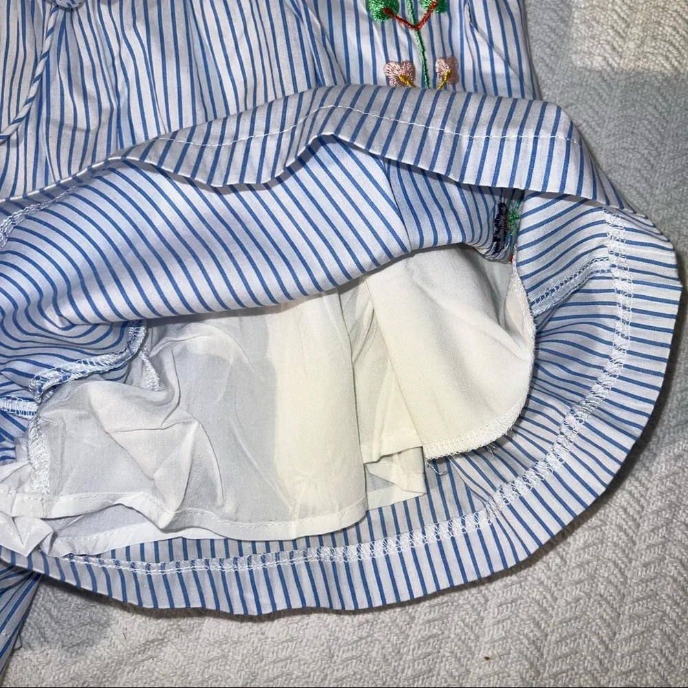 hazel Blue & White Striped Embroidered Pom Pom Shorts